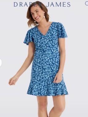 Draper James V-neck flutter sleeve dress with blue floral print Size Large